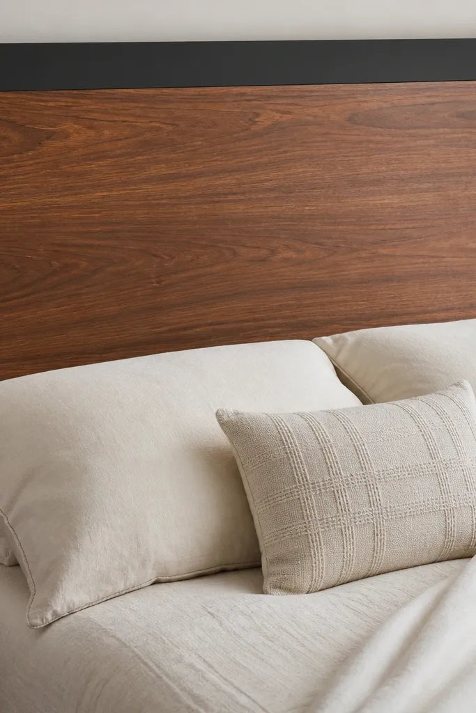 Two-tone headboard with wood veneer center and painted side blocks