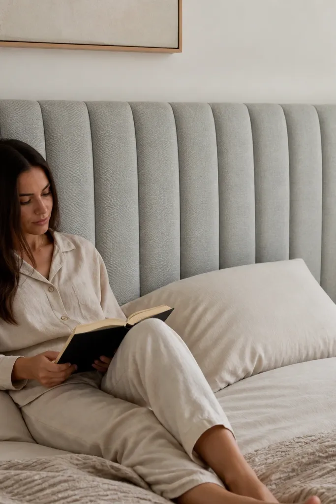 Soft upholstered headboard with evenly spaced channel lines