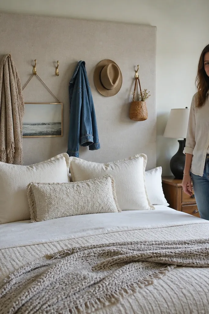 Pegboard wrapped in linen with brass hooks above the bed