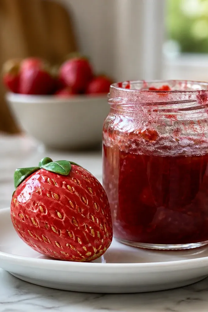 Red strawberry paper squishy with green top leaves and yellow seed dots