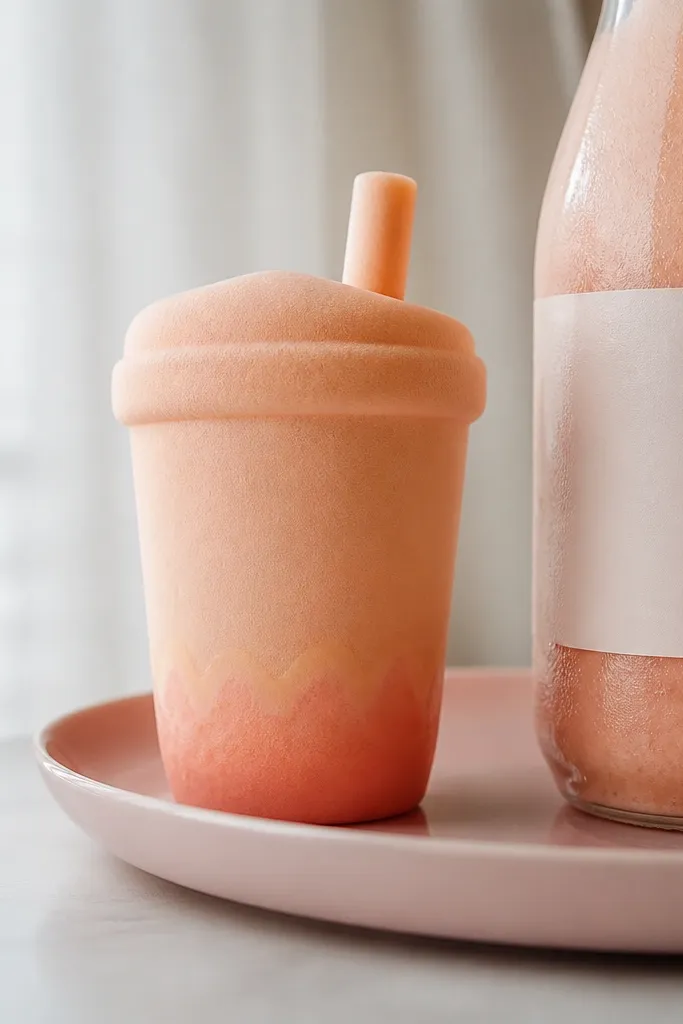 Soft peach paper squishy in a cup shape with ombre peach-to-pink bottom