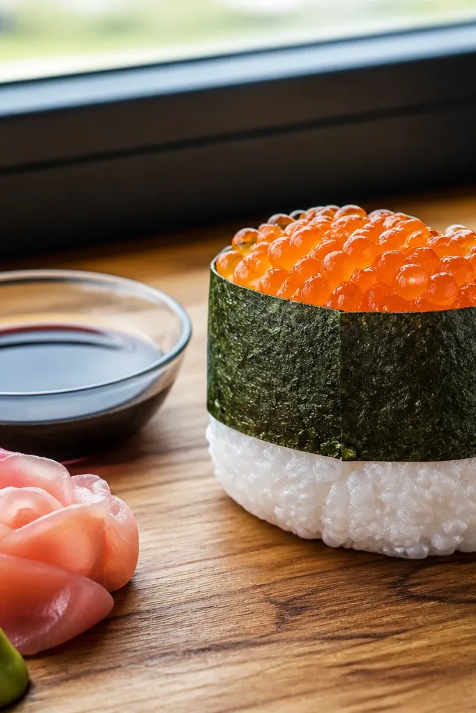 Small sushi paper squishy with green nori band and red topping