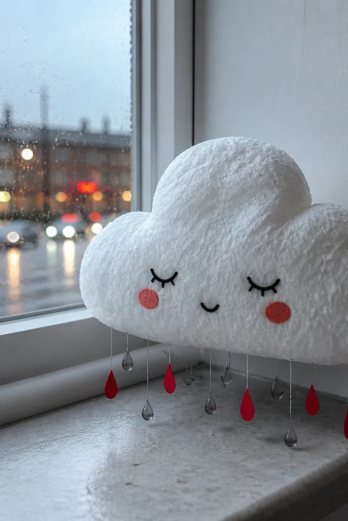 White cloud paper squishy with tiny blue raindrop shapes underneath