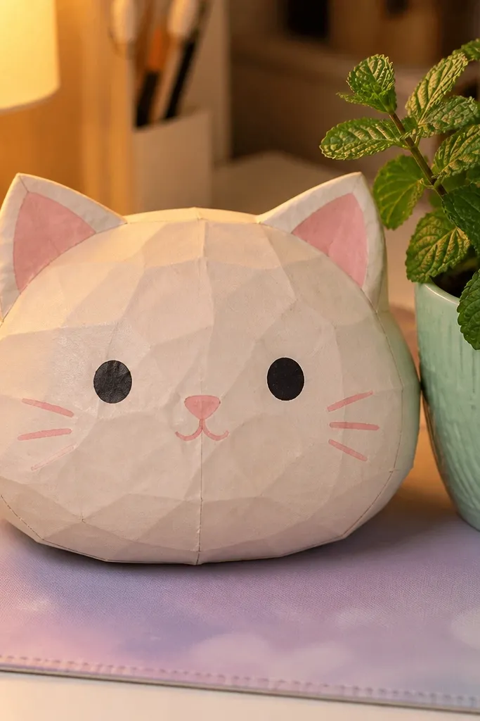 Cat face paper squishy with pointy ears, whiskers, and pink nose