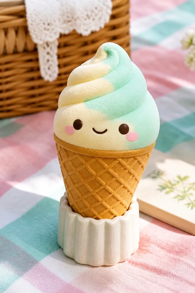 Ice cream cone paper squishy with a waffle pattern and pastel scoop