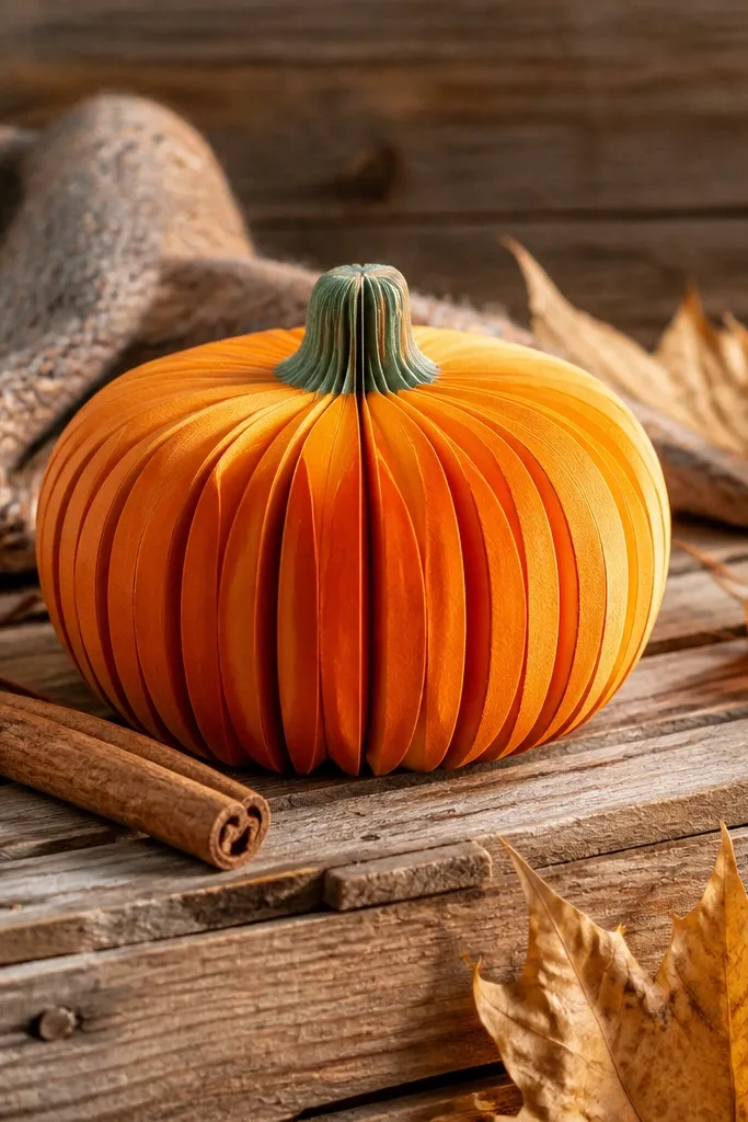 Orange pumpkin paper squishy with carved-looking vertical ridges and green stem