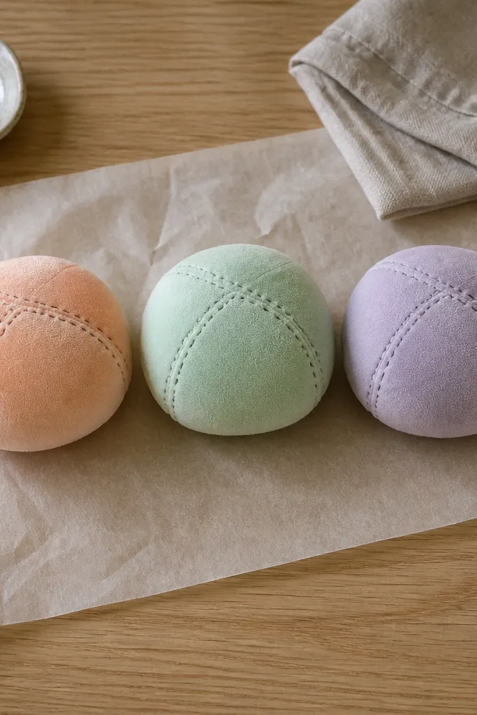 Three pastel mochi ball paper squishies with stitched edge lines