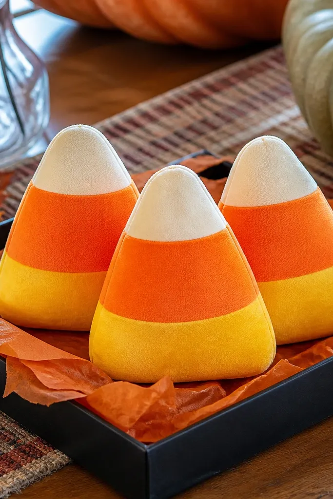 Three candy corn paper squishies with yellow, orange, and white layers