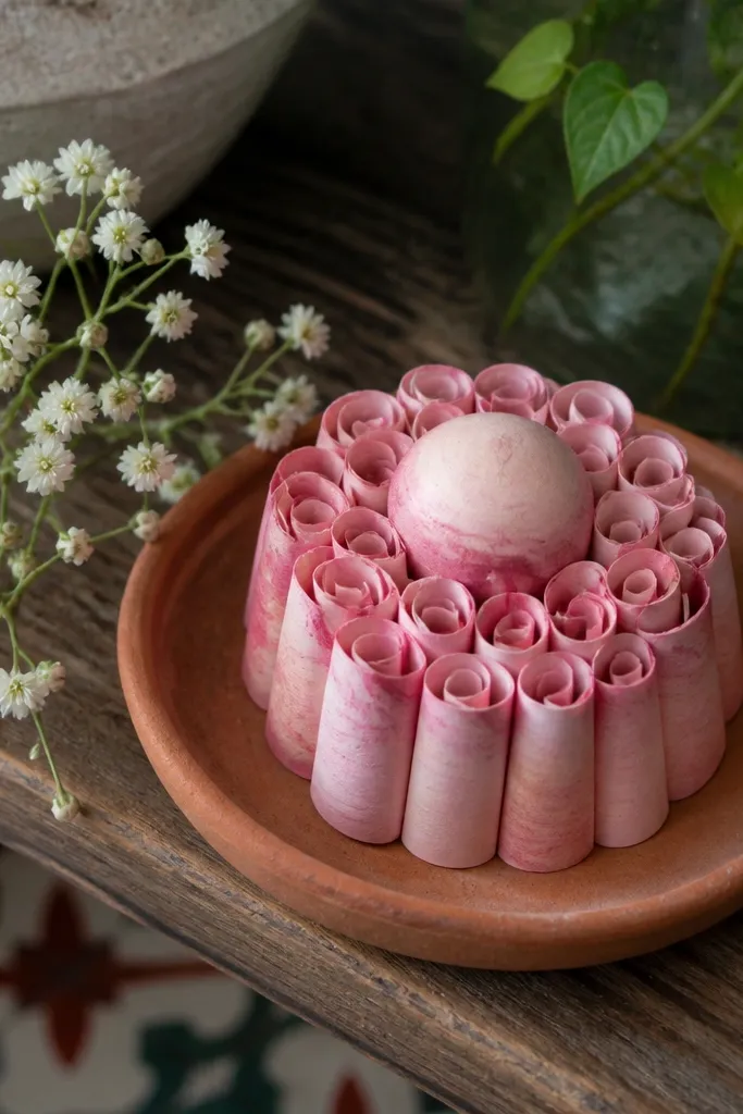 Small flower bud paper squishy with rolled petal edges and yellow center