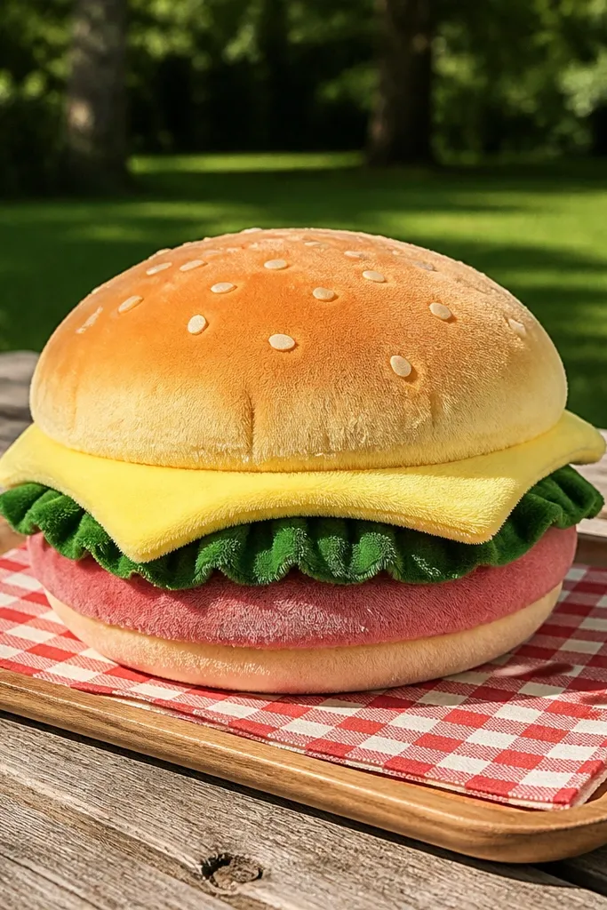 Hamburger paper squishy with bun top, lettuce, patty, and cheese layers