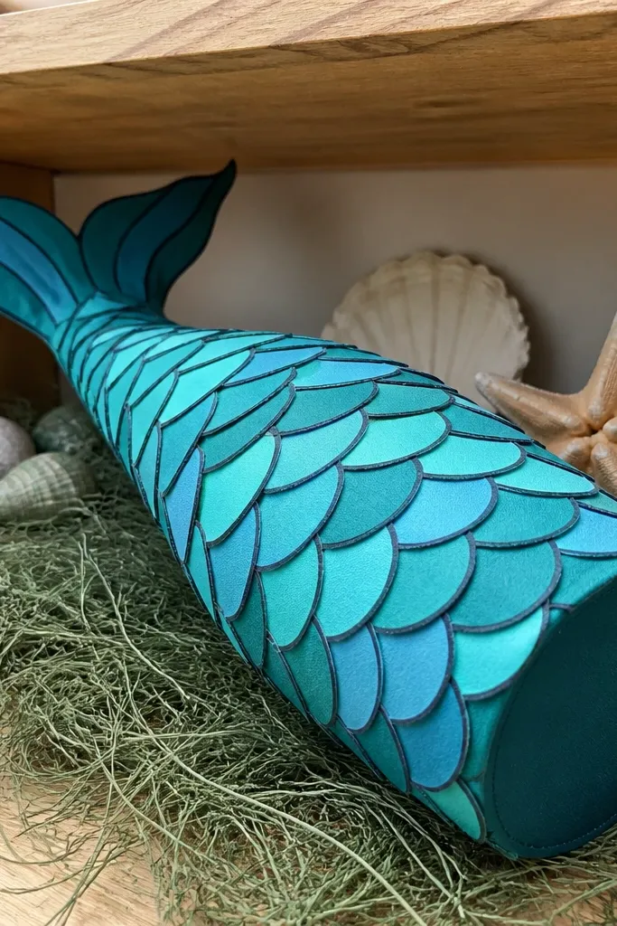 Blue mermaid tail paper squishy with layered scales and a soft rounded base