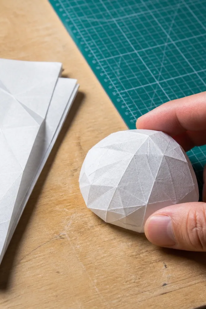 Thin origami paper folded into a small squishy with crisp creases