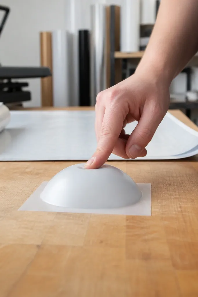 Stiff carrier sheet folded into a rounded squishy with clean edges