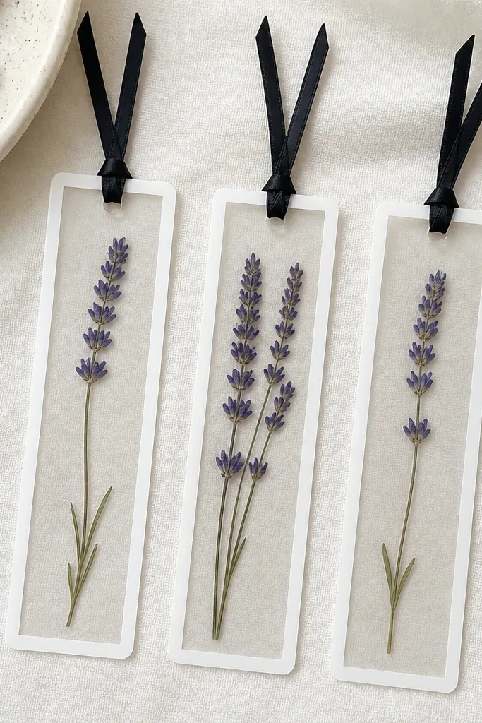 A set of three bookmarks made from clear lamination sheets with pressed lavender sprigs inside; each bookmark has a 1 cm white border and a thin black ribbon tied at the top.