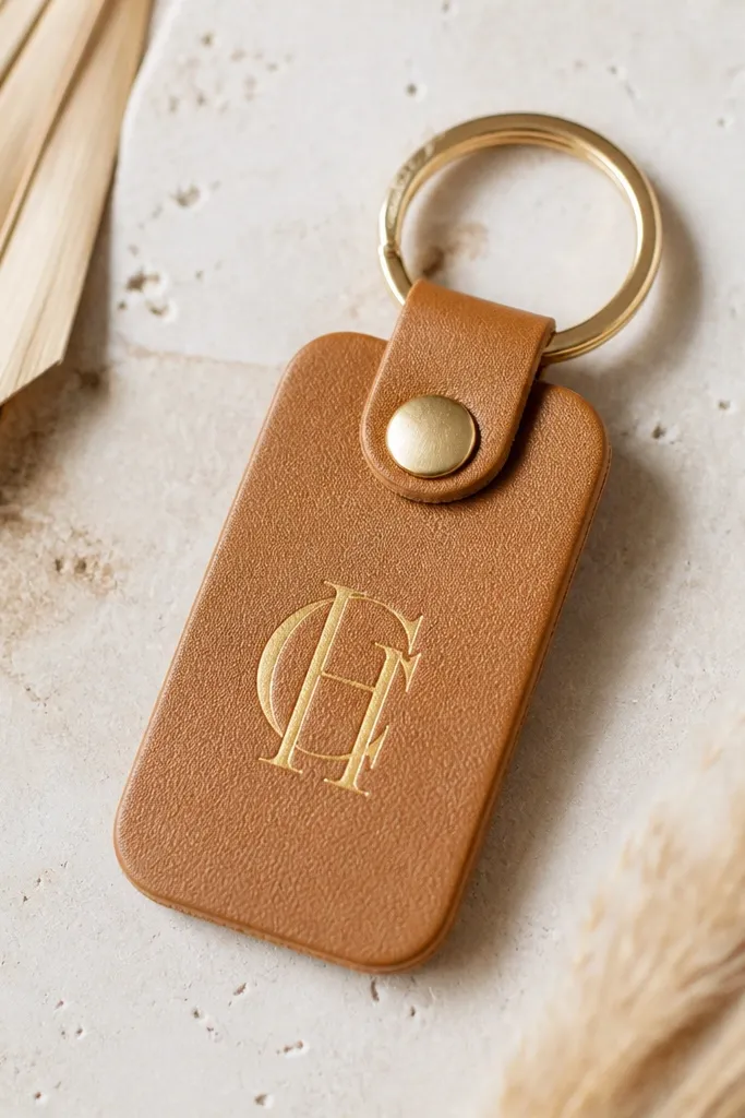 A tan leatherette keychain shaped like a rounded rectangle with a single brass rivet stud near the top and a small gold vinyl monogram centered; a split key ring attaches at the top.