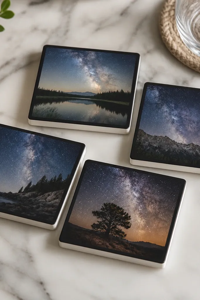Four square coasters with white ceramic tile bases; each has a starry night photo transfer in the center and a thin black paint border around the edges.