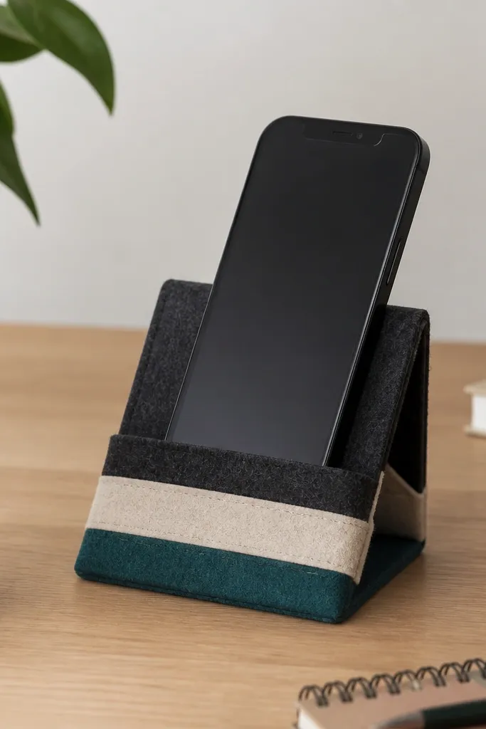 A felt phone stand built from three stacked trapezoid shapes in charcoal, oatmeal, and teal; it has a V-shaped cutout at the back and sits angled on a desk.