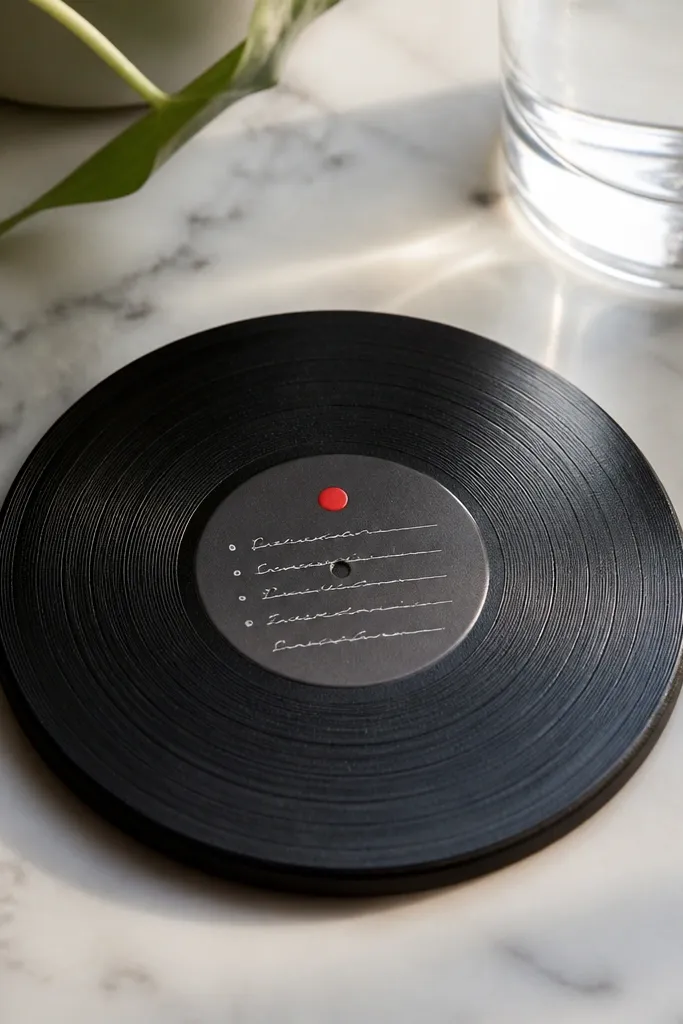 A round coaster painted black like a vinyl record with a fake label circle in the center; the label has handwritten track names in white and a tiny red dot at the top.