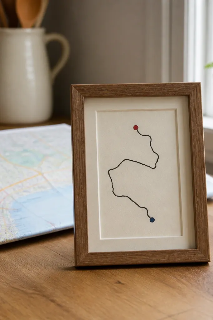 A 5x7 frame with a light cream background; thin black lines show a hand-drawn map route and two small dots labeled with paint-pen text in red and blue.
