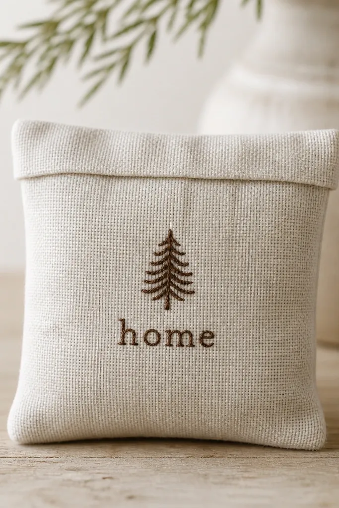 A small square sachet made from off-white linen with a folded top seam; a tiny embroidered cedar tree and the word 'home' in dark brown thread sit centered.