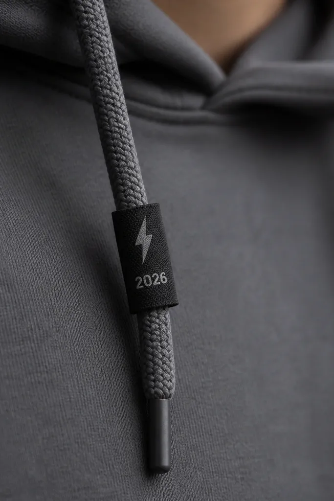 A small black fabric tag attached to hoodie drawstrings; it has a light gray heat transfer design of a simple lightning bolt and the date '2026'.