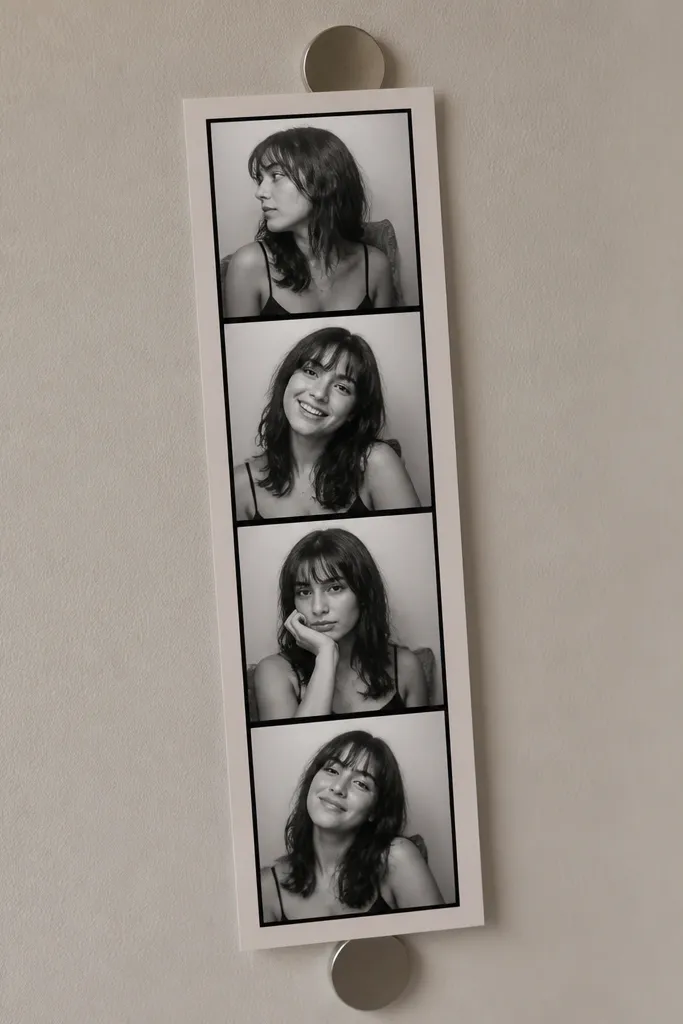 A strip of four photo booth-style images on light gray cardstock; each image is backed with a small round magnet and has a black border and tiny white captions.