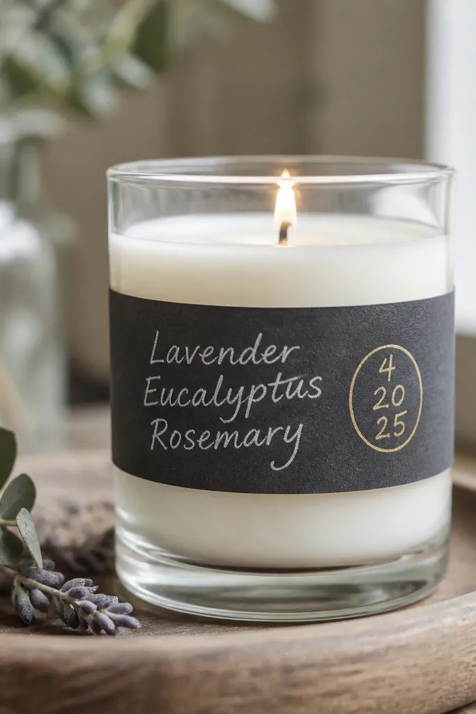 A clear glass candle jar with a black chalkboard label band wrapped around it; the label has white chalk text and a small circle date stamp in gold marker.