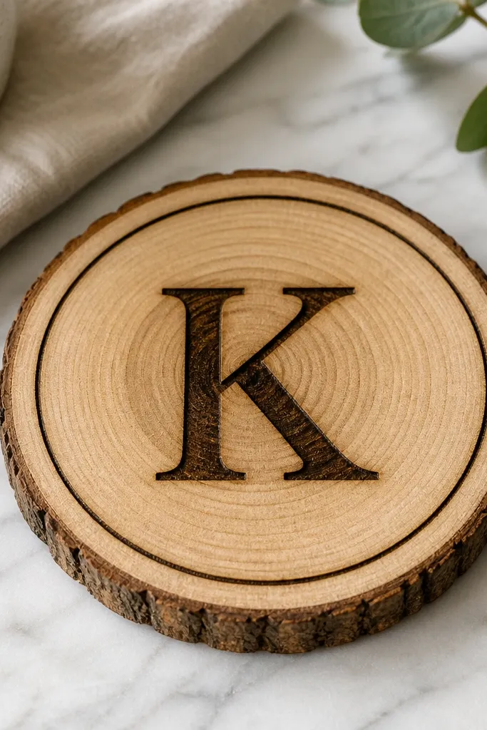 A round wood slice coaster with a dark burned initial in the center and a thin burned ring around the edge; the wood grain shows through clearly.