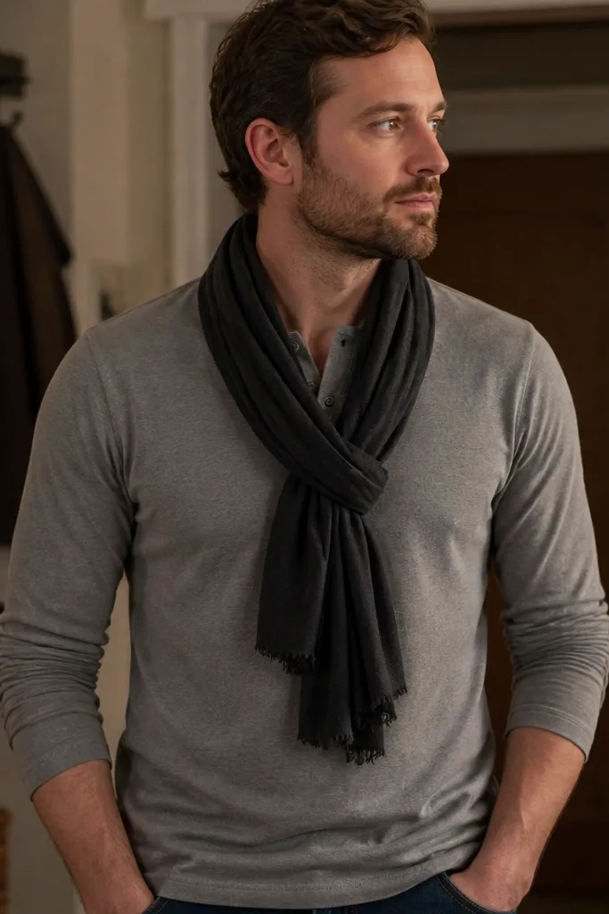 A soft scarf made from a black t-shirt body; the ends are cut into long fringe strips and knotted into a chunky braid look.