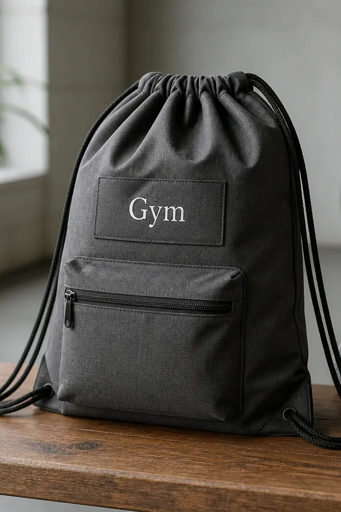 A drawstring cinch bag in dark gray fabric with a stitched label panel reading 'Gym' in white; the bag has a small pocket on the front.