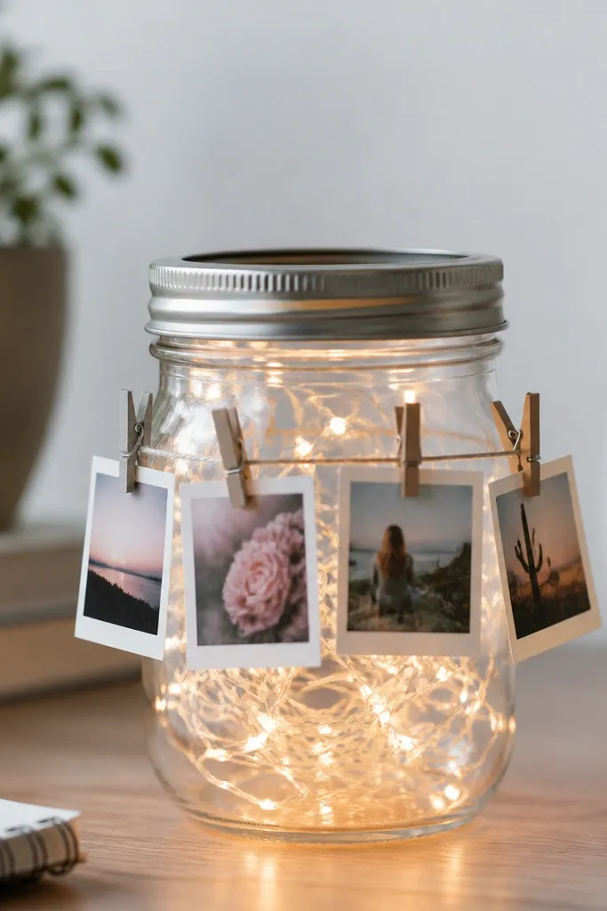 A small mason jar with warm white fairy lights inside; four mini clothespins clip tiny photos along the front, and the jar sits on a desk.