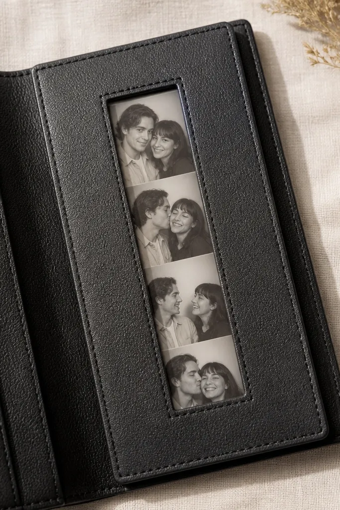 A slim faux leather insert with a small clear window in the center showing a narrow photo strip; the insert is stitched along the edges and fits inside a wallet.