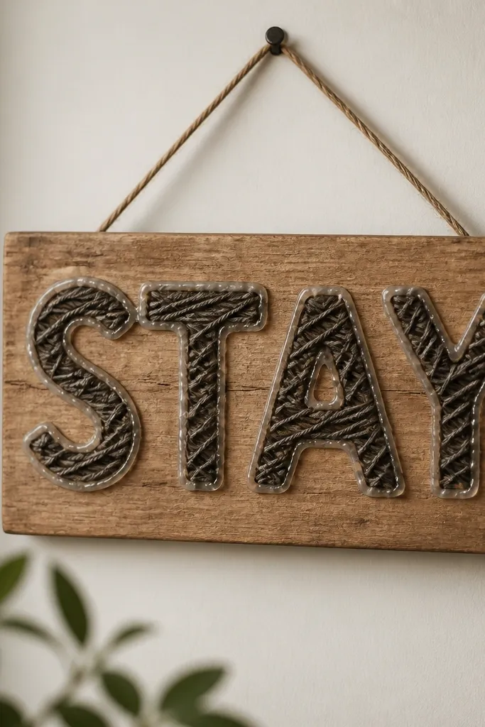 A small wooden board with a word 'STAY' made from hot glue outlines; dark twine fills the letters, and a single nail at the top holds a hanging loop.