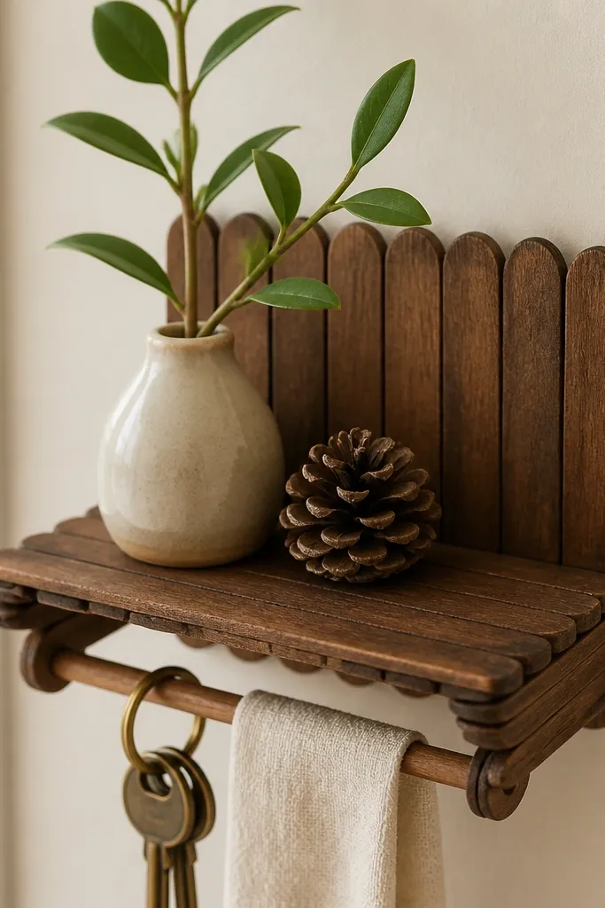 A tiny shelf built from stained popsicle sticks in a warm walnut tone; it's mounted on a small board with a vertical back panel and a thin dowel rod.