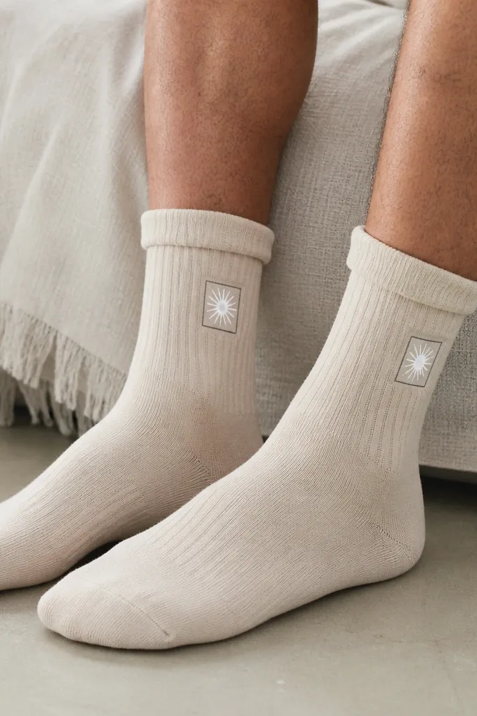 A pair of socks with cuffs slightly rolled; a small heat transfer logo is centered on the ankle in white, with a thin black border rectangle around it.