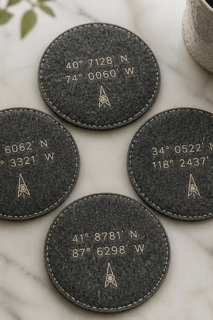 Four round felt coasters in dark gray; each has a stitched coordinate set in light beige thread and a small compass needle icon.
