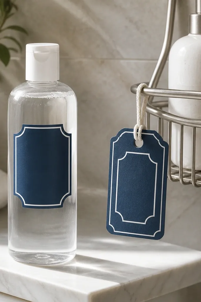 A set of two items: a small waterproof label on a clear bottle and a matching tag on a shower caddy; the design has a navy border and white vinyl text.