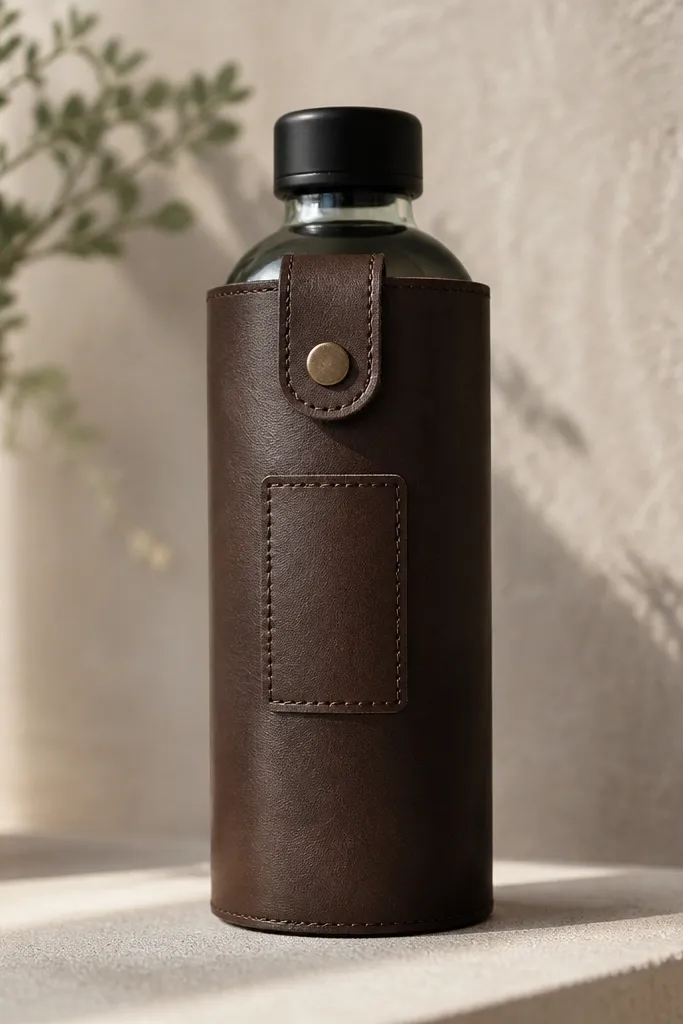 A dark brown leatherette sleeve wrapped around a water bottle; a small magnetic snap holds it closed, and a stitched name patch sits centered on the front.