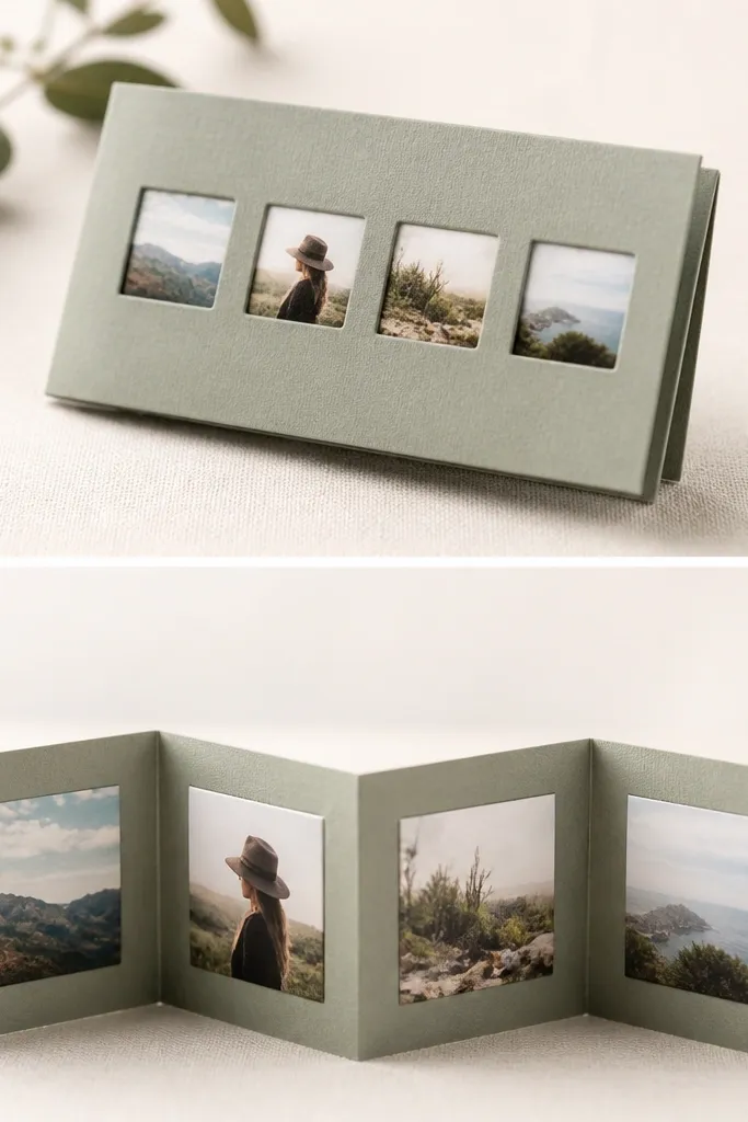 A tiny accordion-style photo album folded from a single sheet of cardstock; it sits like a wallet and shows four photos through small windows.