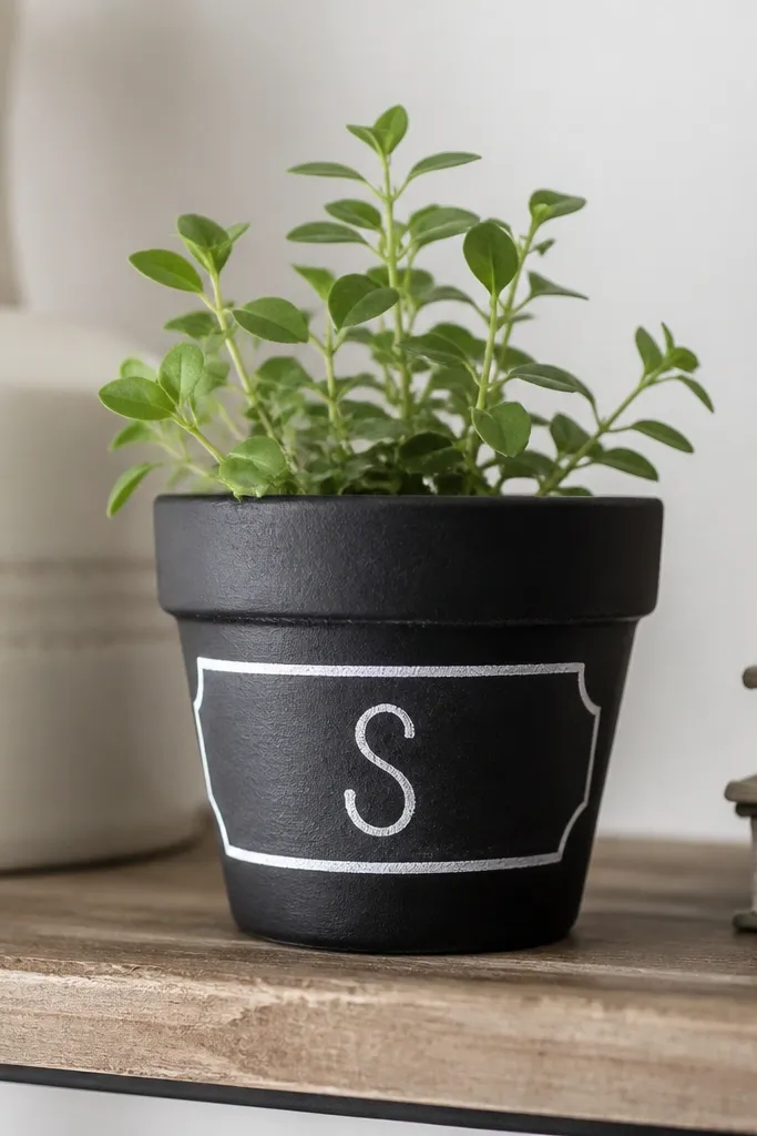A small terracotta planter painted matte black with a white chalkboard label strip; a single initial is painted in white in the center and a tiny plant sits inside.