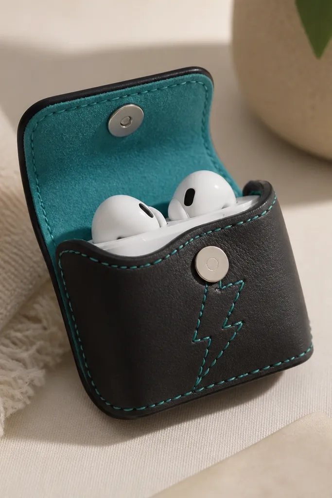 A compact earbud case made from dark leatherette with a magnetic snap; inside is bright teal felt lining, and a stitched lightning bolt sits on the front.