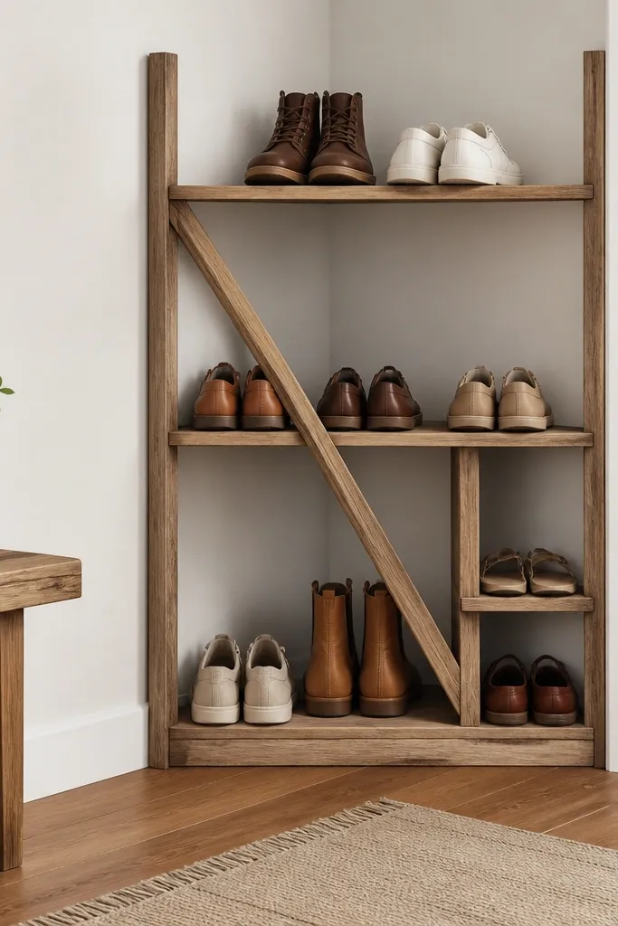 A corner shoe rack made of two vertical side rails forms an L shape against the wall. Inside the corner are two large open sections and one smaller section. A diagonal wood brace connects the upper rail to the lower rail, creating a crisp triangular support.