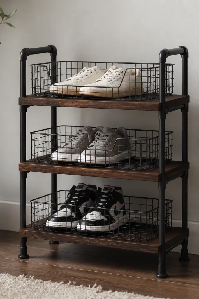 A black metal pipe frame stands on two short legs. On the wood shelves sit three wire baskets, each with a simple front lip. The wood is stained walnut and sealed, and the baskets are spaced evenly for sneakers.