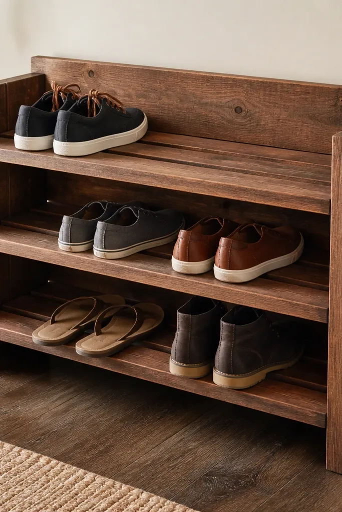 A compact shoe rack made from salvaged pallet boards. The slats are spaced about 3 inches apart, forming open slots. The wood is sanded down and finished in a medium stain, with a simple back panel to keep shoes from falling.