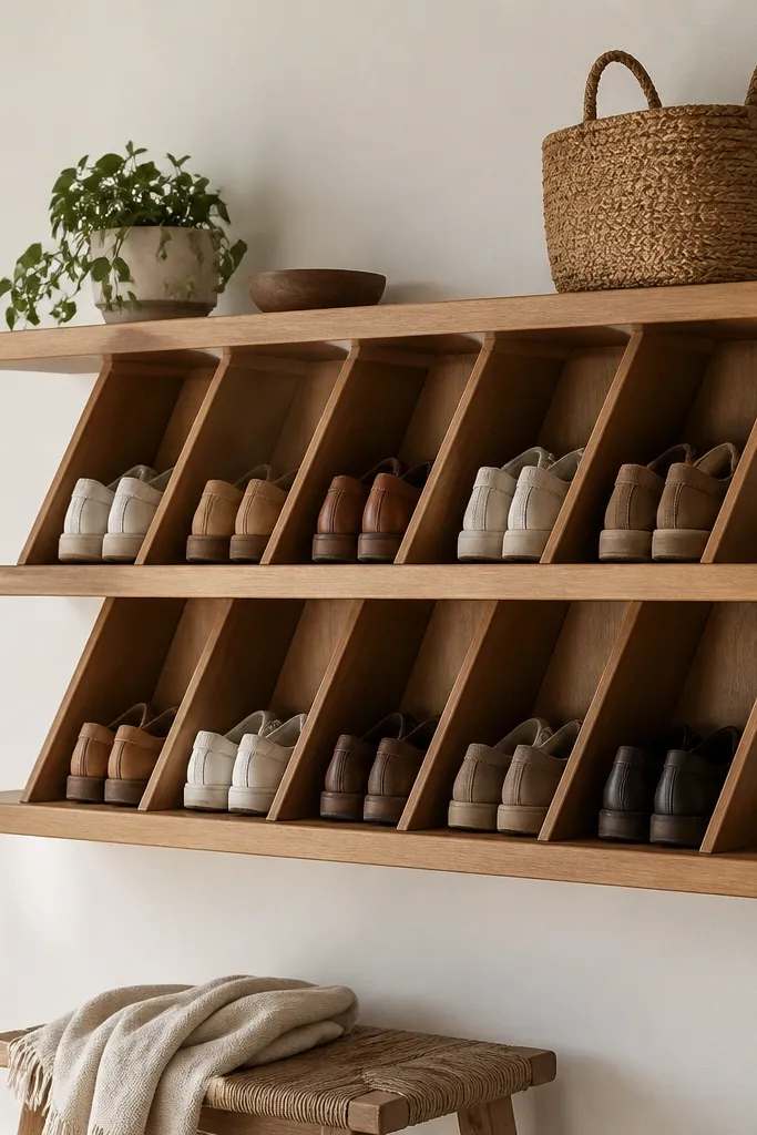 Two floating wooden shelves are mounted to the wall. Between them are angled wooden dividers that create small wedge-shaped cubbies. Shoes sit in each angled section, and the shelf underside is clean with no visible brackets.