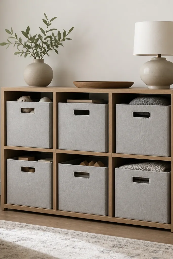 A freestanding rack with a simple wood frame and 6 open front cubbies. Each cubby has a fabric insert panel in light gray, and inside are removable rectangular bins. The bins have handles cut into the fabric.
