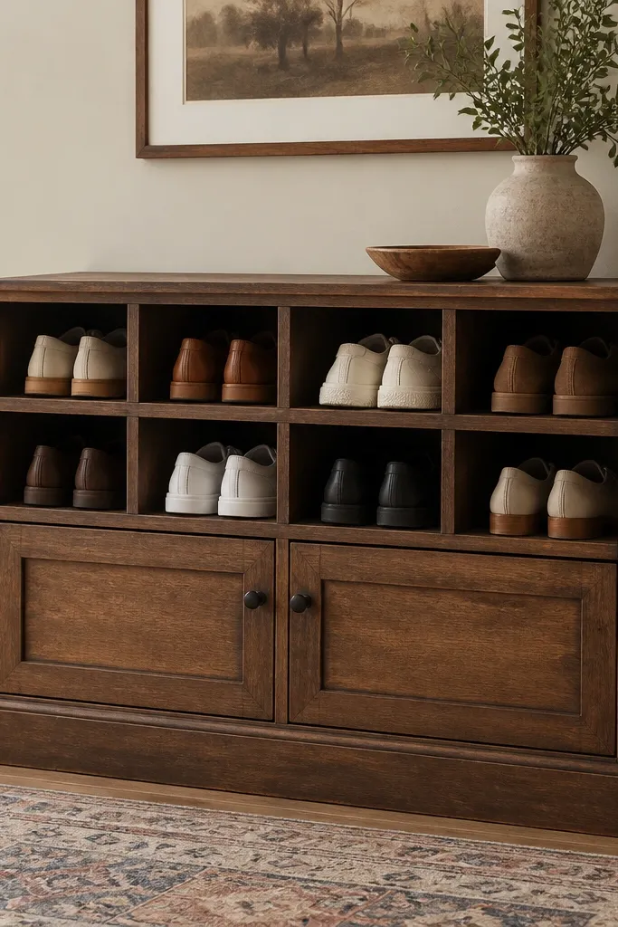 A low media cabinet turned into a shoe rack. The top drawers are removed, revealing open cubbies. The inside shelves are rearranged with wood dividers, and the cabinet has two doors left closed for hidden storage.