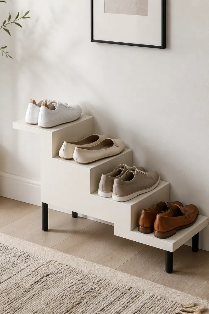 A compact stair-step rack sits on the floor against a wall. Each step holds one pair of shoes, with alternating higher and lower levels. The wood is painted off-white with black legs, giving a modern look.