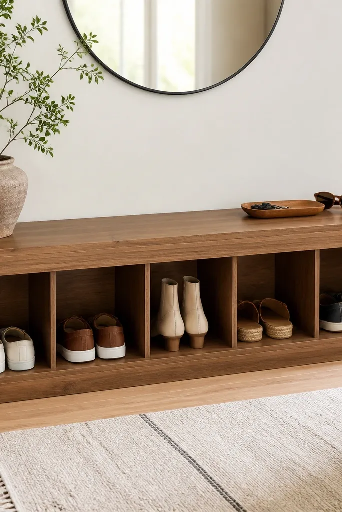 A narrow bench-style shoe rack with a flat top surface for keys. The front has open cubbies below, separated into 5 sections with a vertical divider in the middle.