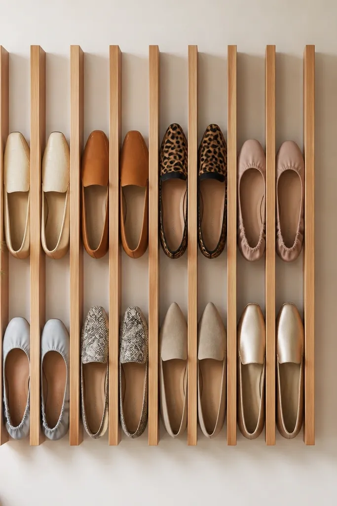 A wall-mounted vertical rack with evenly spaced wooden slats. The slats are 2 inches apart, creating narrow channels. Flats and slip-ons are hung or placed between slats, visible from the front.